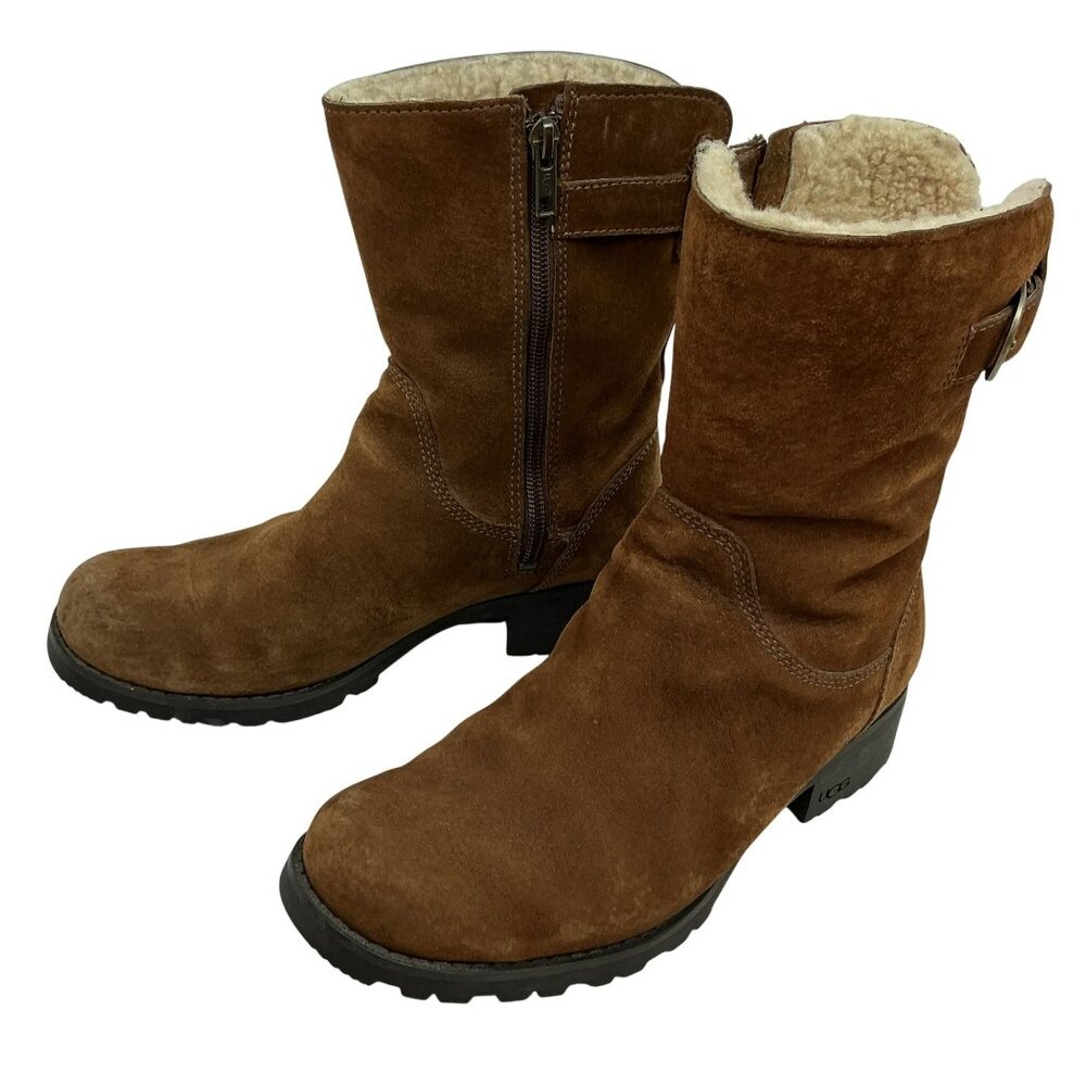 UGG Mare Shearling Suede Mid-Calf Boots Womens 6.5 Side Zipper